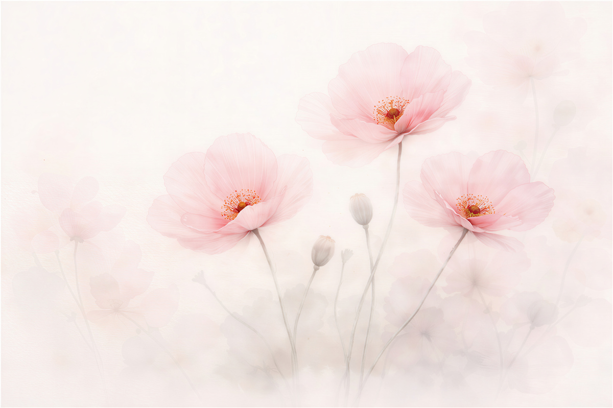 Fototapeten Puderfarbene Mohnblumen im Nebel