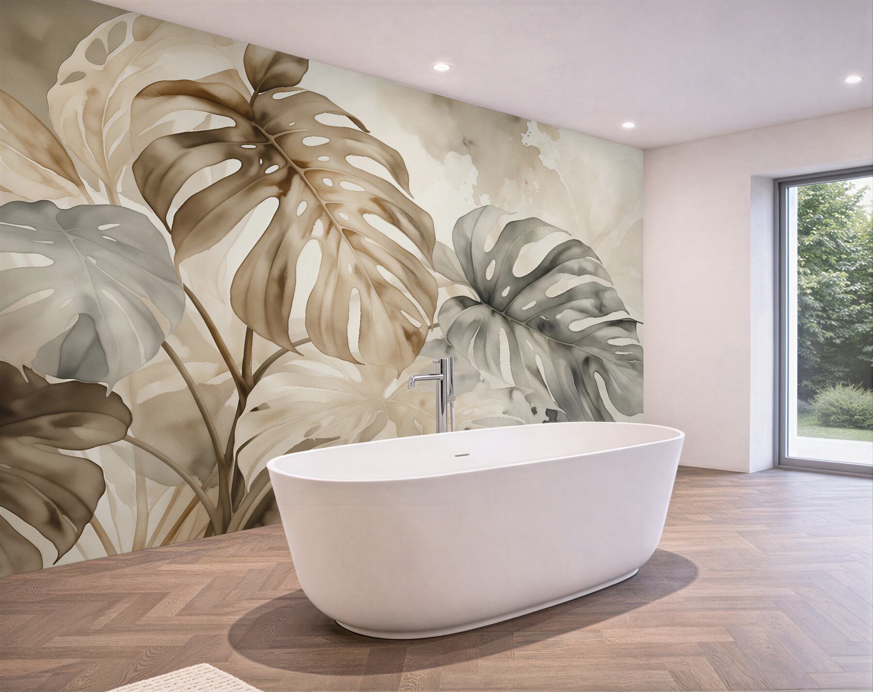 Fototapeten Beige Monstera-Blätter Aquarell