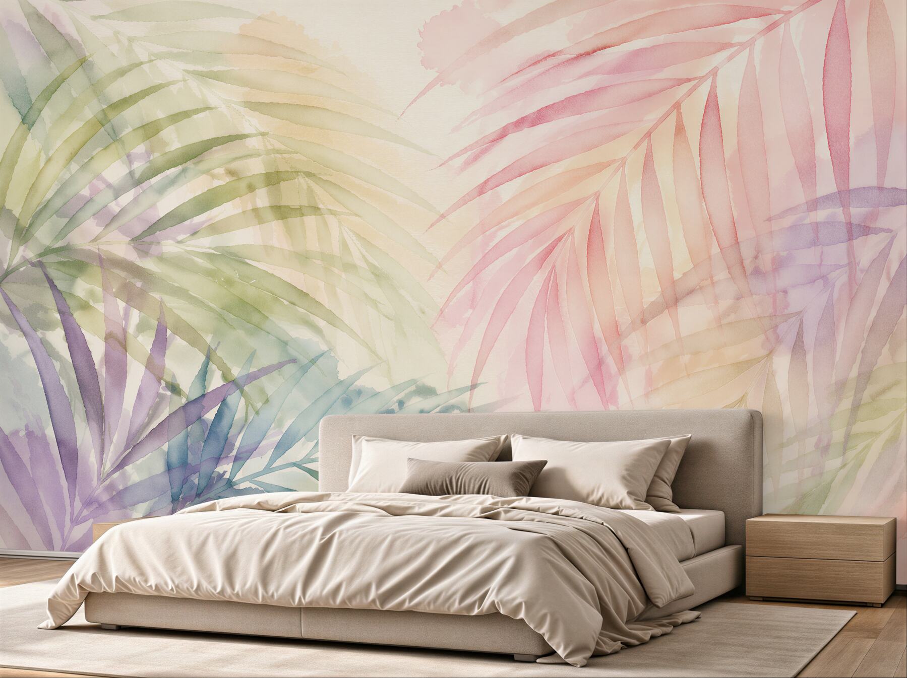 Fototapeten Pastellfarbene Palmblätter Aquarell