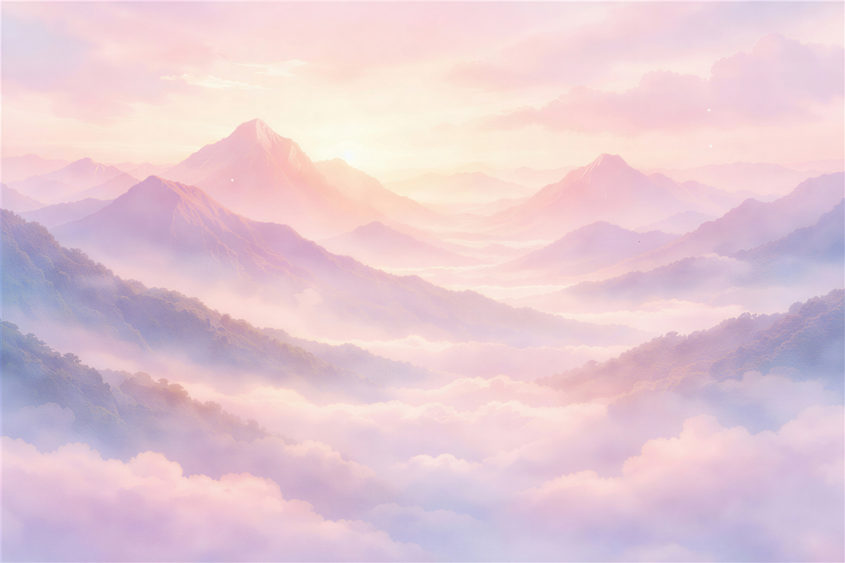 Fototapeten Märchenhafte Berge im rosa Nebel