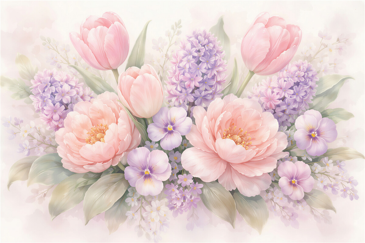 Fototapeten Pastellfarbener Strauß aus Tulpen und Pfingstrosen
