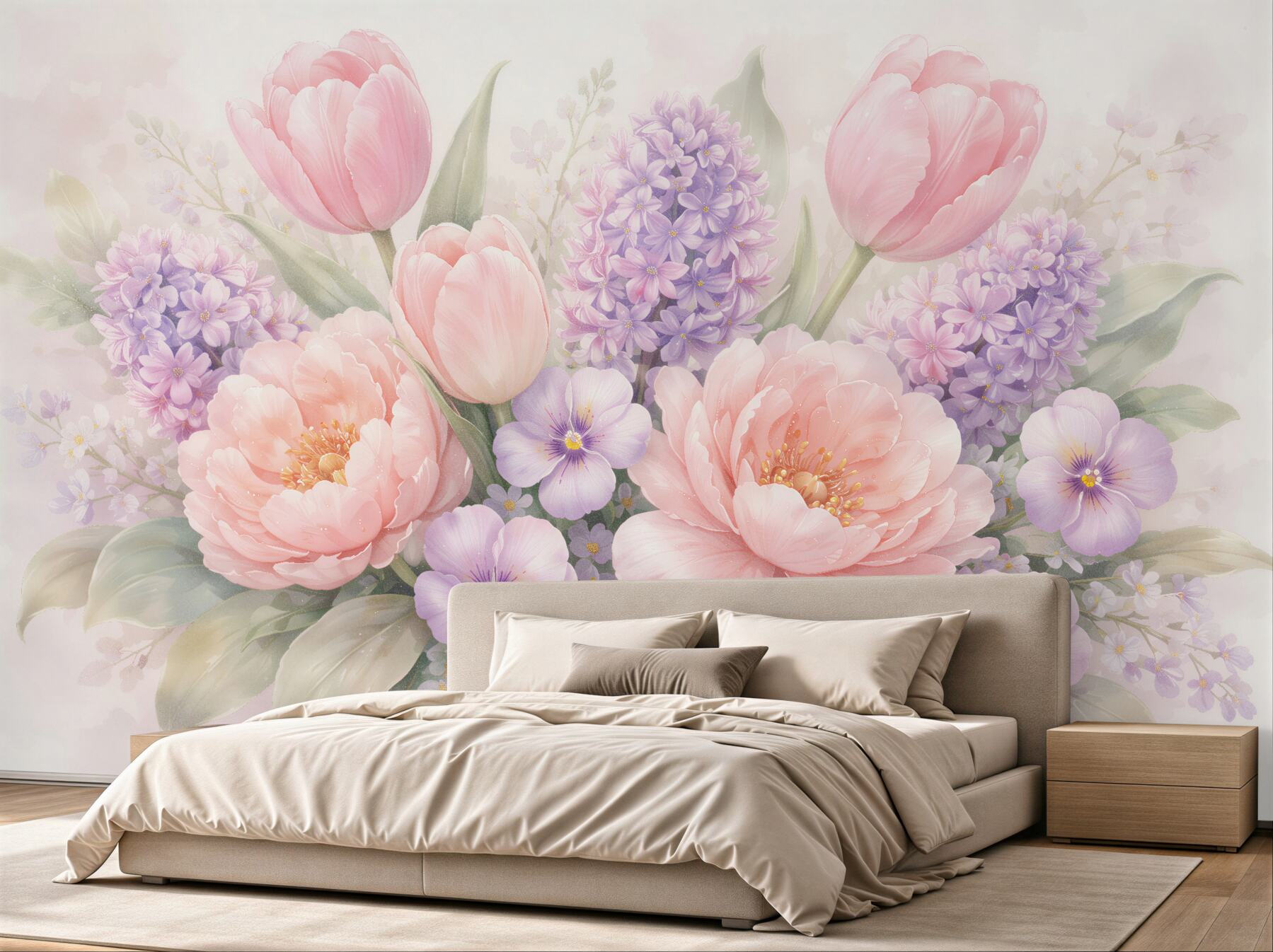 Fototapeten Pastellfarbener Strauß aus Tulpen und Pfingstrosen