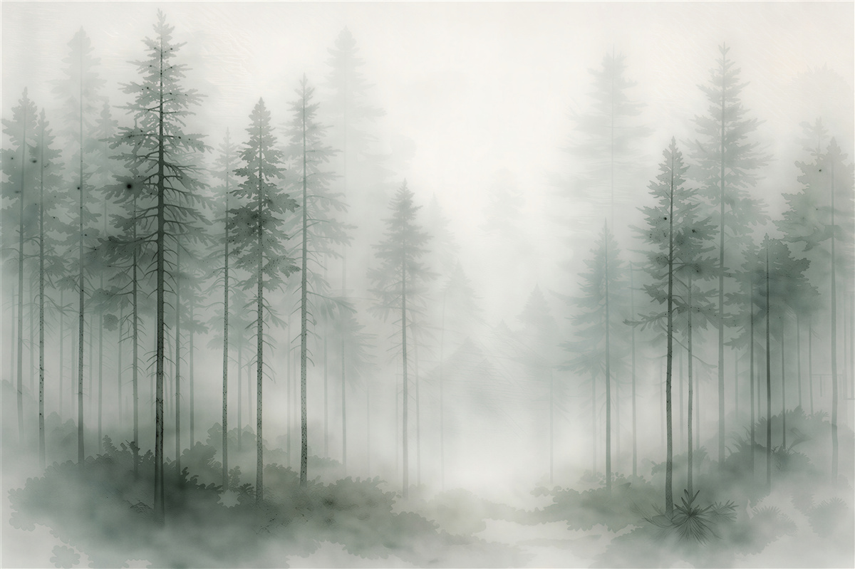Fototapeten Aquarellwald im zarten Nebel