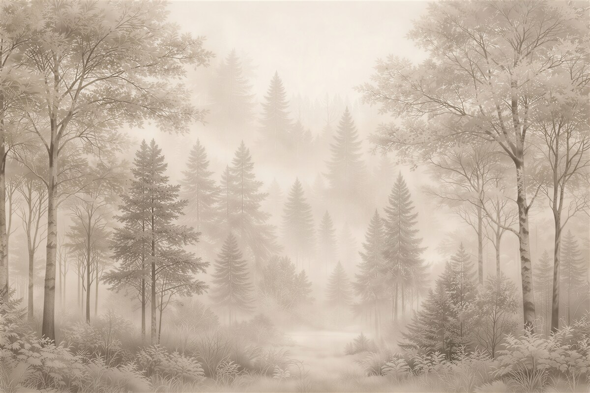 Fototapeten Waldnebel in Beigetönen