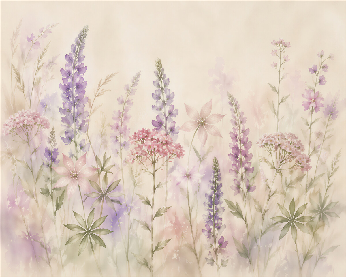 Fototapeten Pastellfarbene Blumenwiese