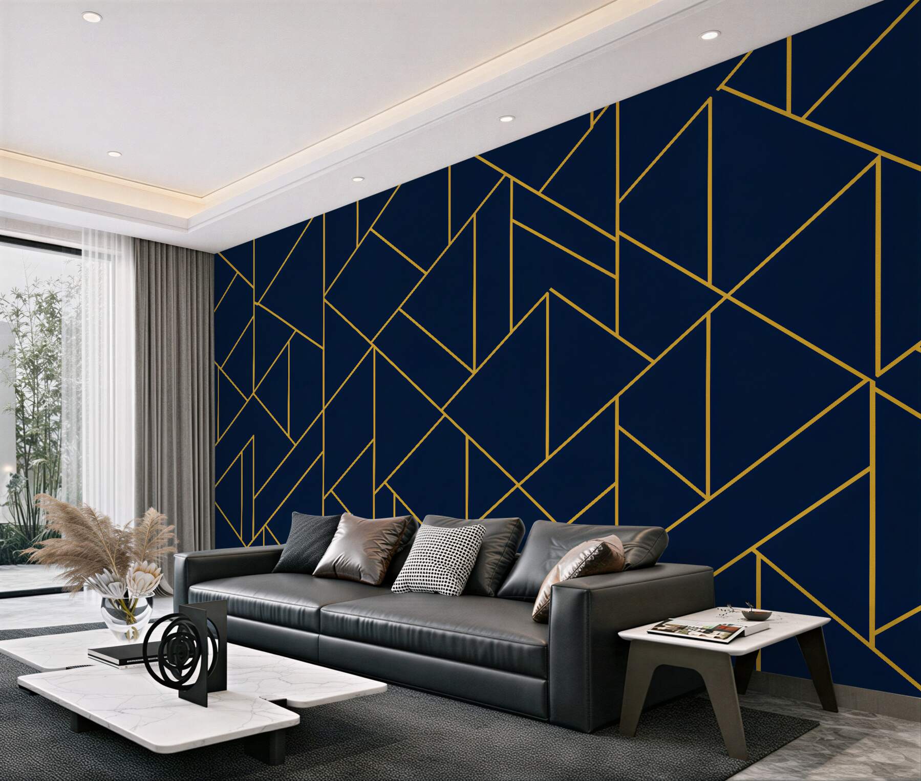 Fototapeten Marineblaue Geometrie mit goldener Linie