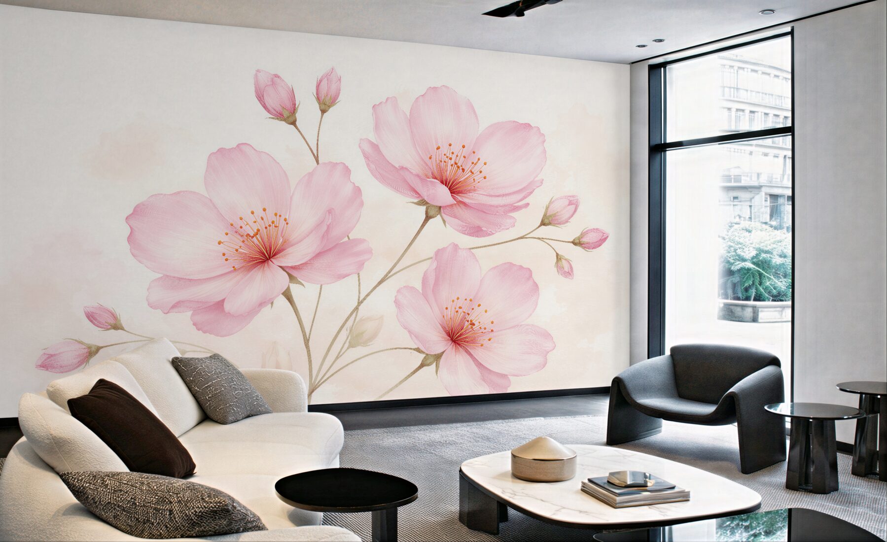 Fototapeten Zarte rosa Blumen auf hellem Hintergrund