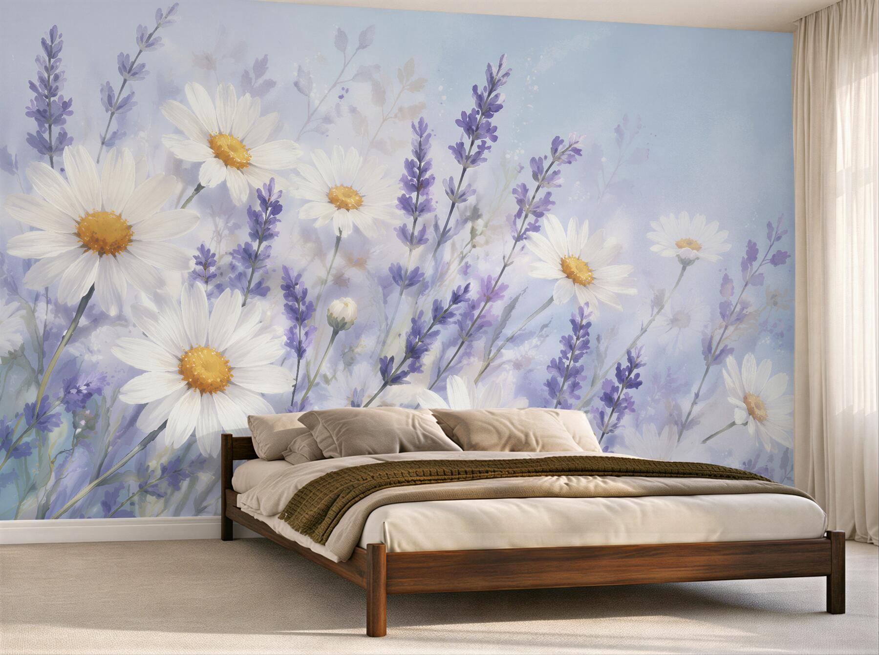 Fototapeten Lavendel und Gänseblümchen in Aquarell