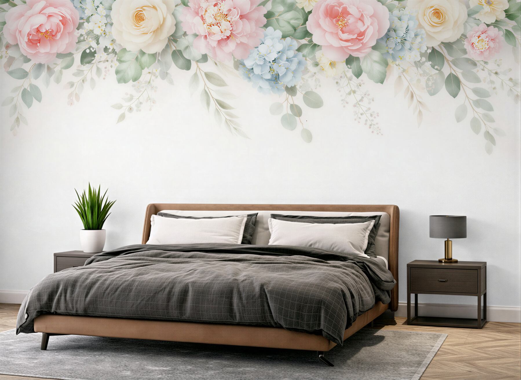 Fototapeten Romantische Girlande aus pastellfarbenen Blumen