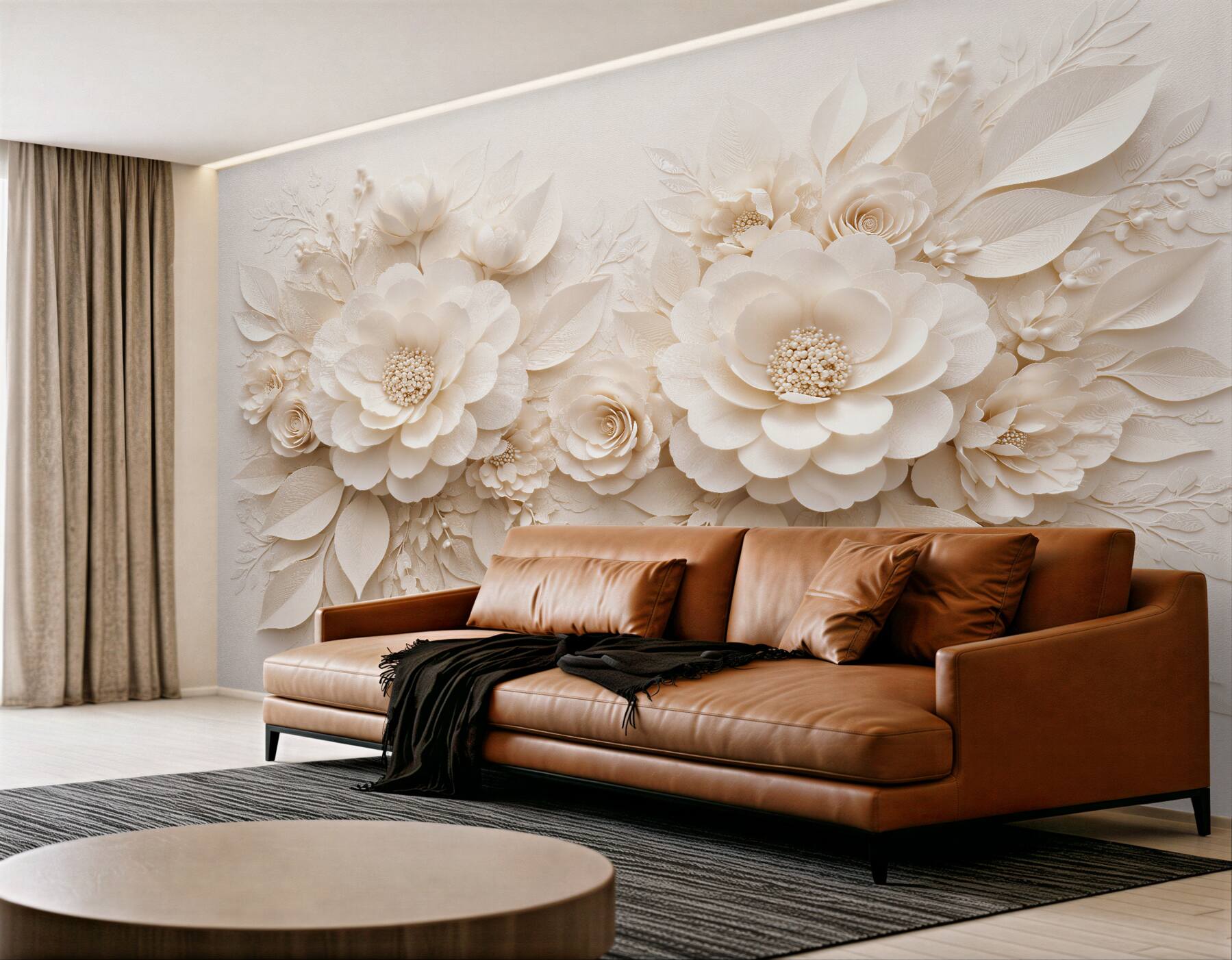 Fototapeten Cremefarbene Blumen in elegantem Relief