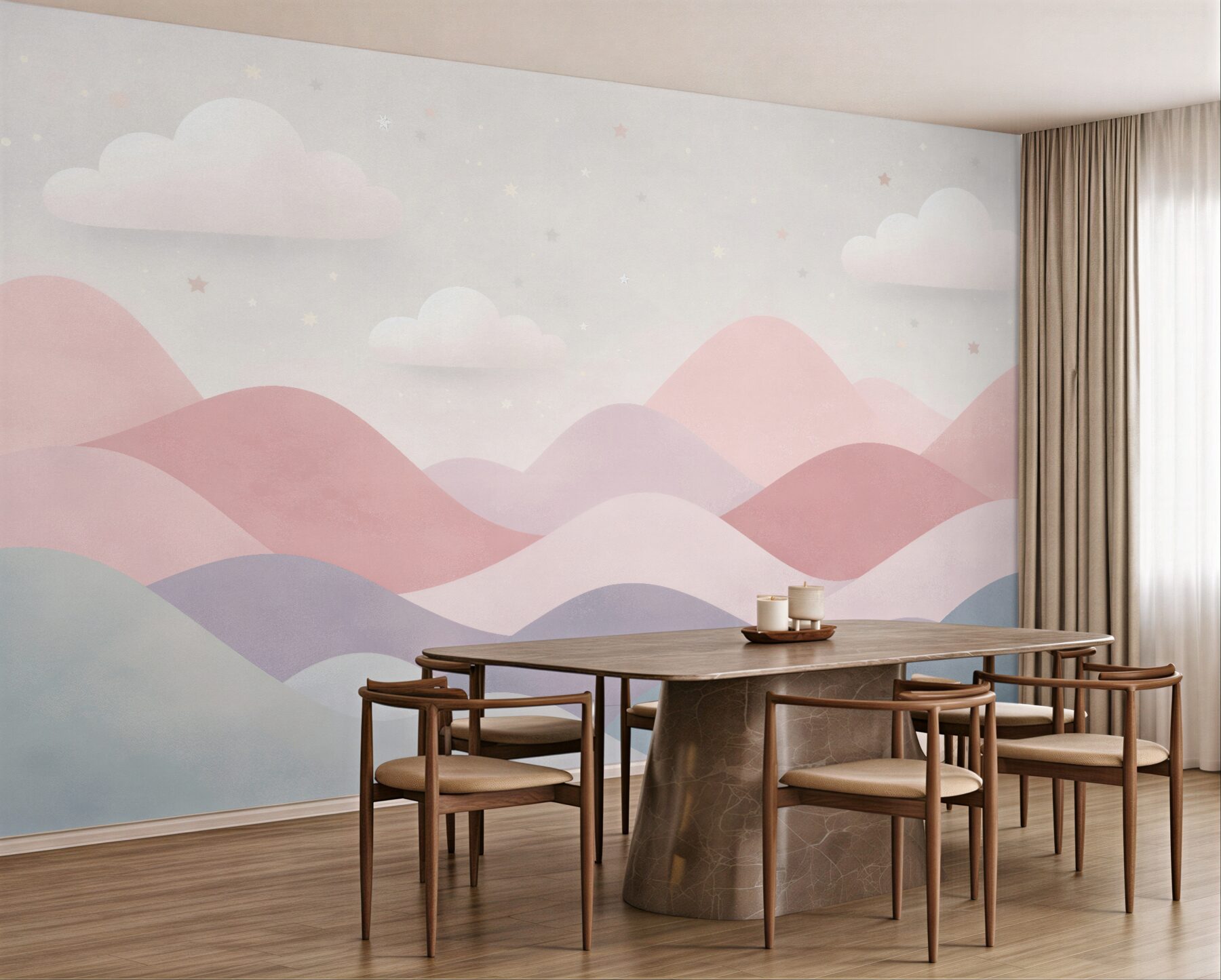 Fototapeten Pastellhügel unter kleinen Wolken