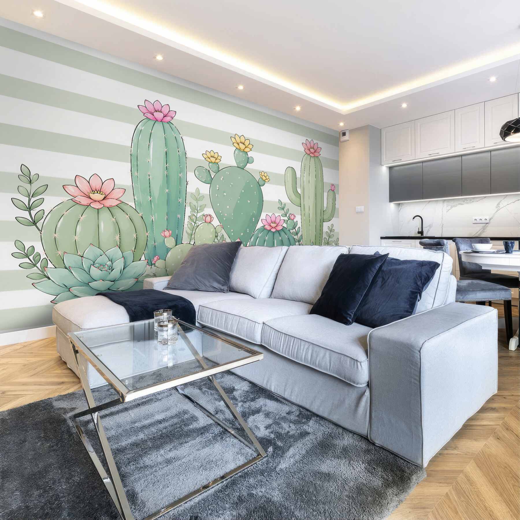 Fototapeten Pastellkakteen mit Blumen