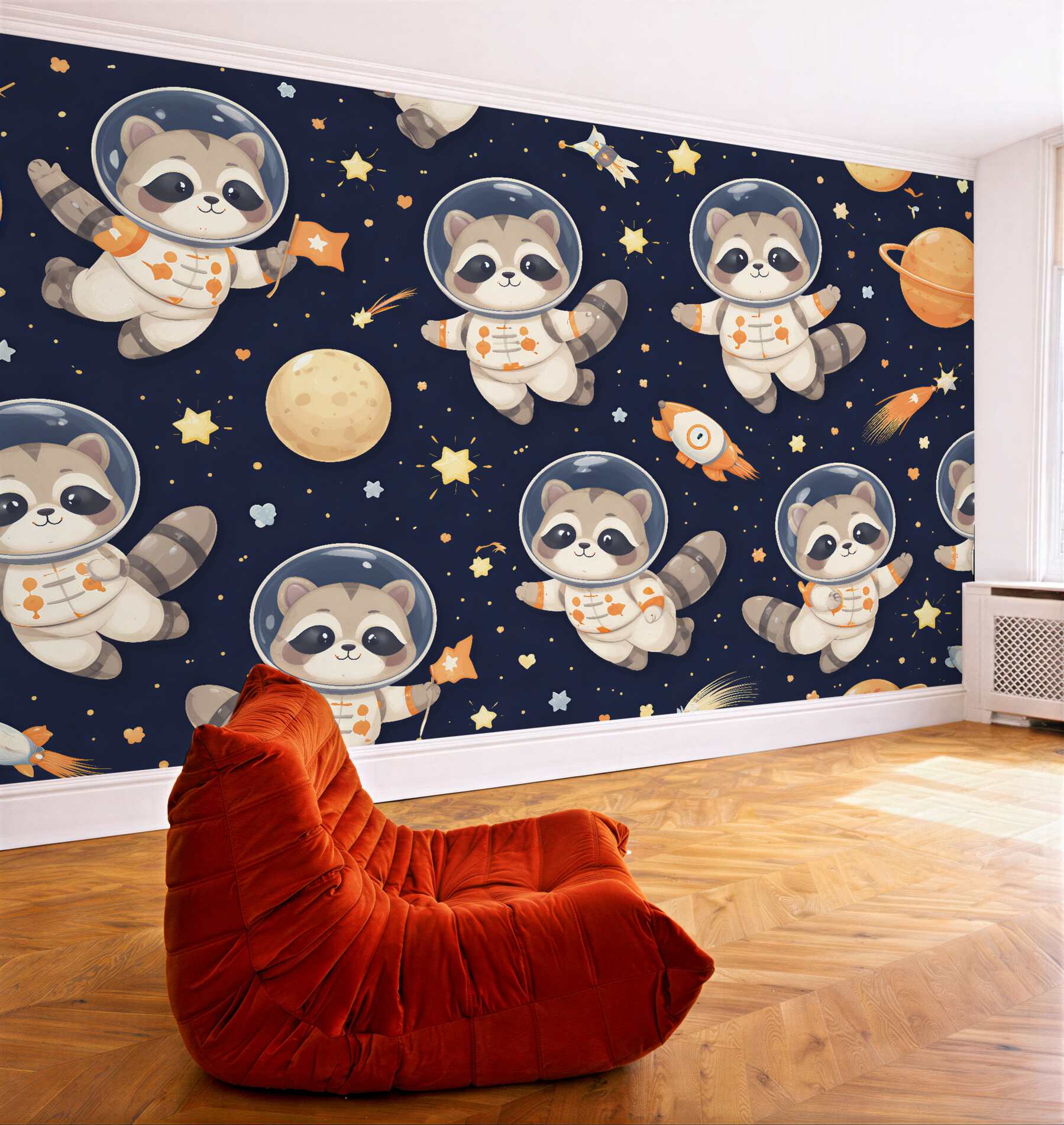 Fototapeten Waschbären als Astronauten im kosmischen Abenteuer
