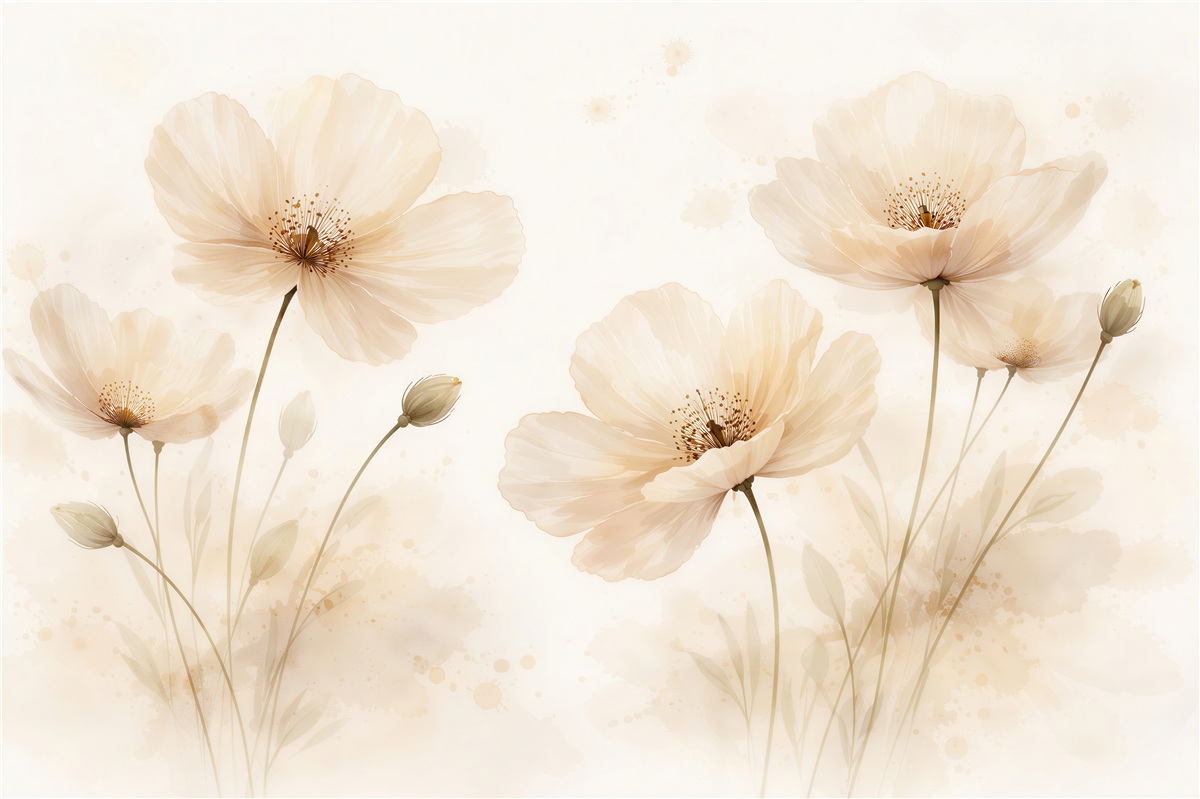 Fototapeten Cremefarbene Blumen im zarten Nebel