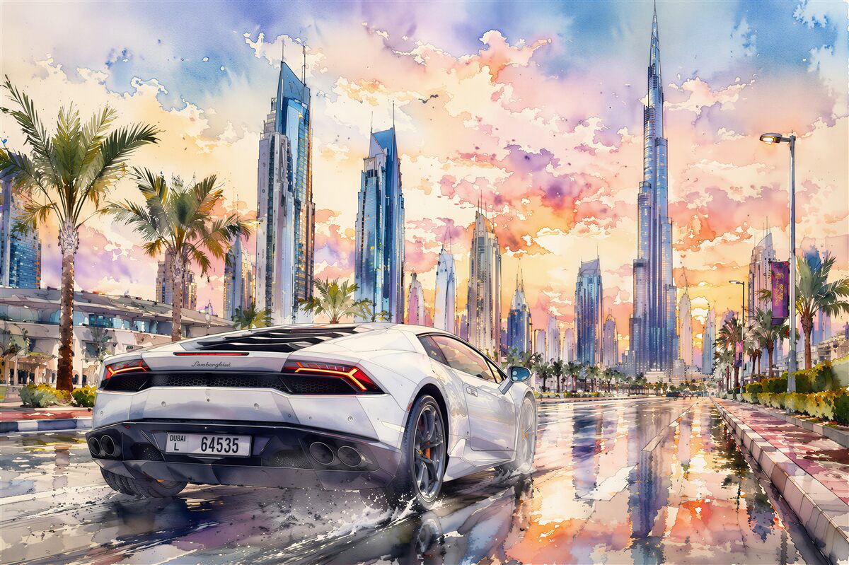 Fototapeten Sportwagen unter dem Himmel von Dubai