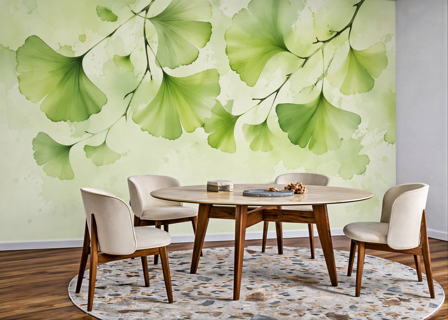 Fototapeten Grüne Ginkgoblätter in Aquarell