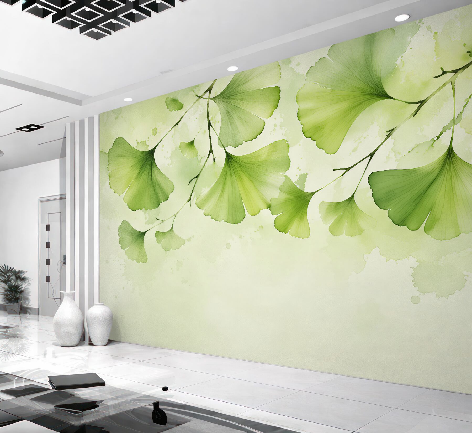 Fototapeten Grüne Ginkgoblätter in Aquarell