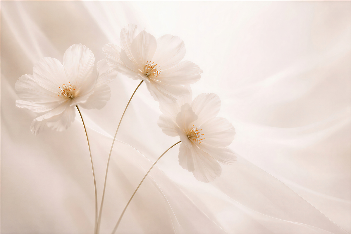 Fototapeten Zarte weiße Blumen auf Seide