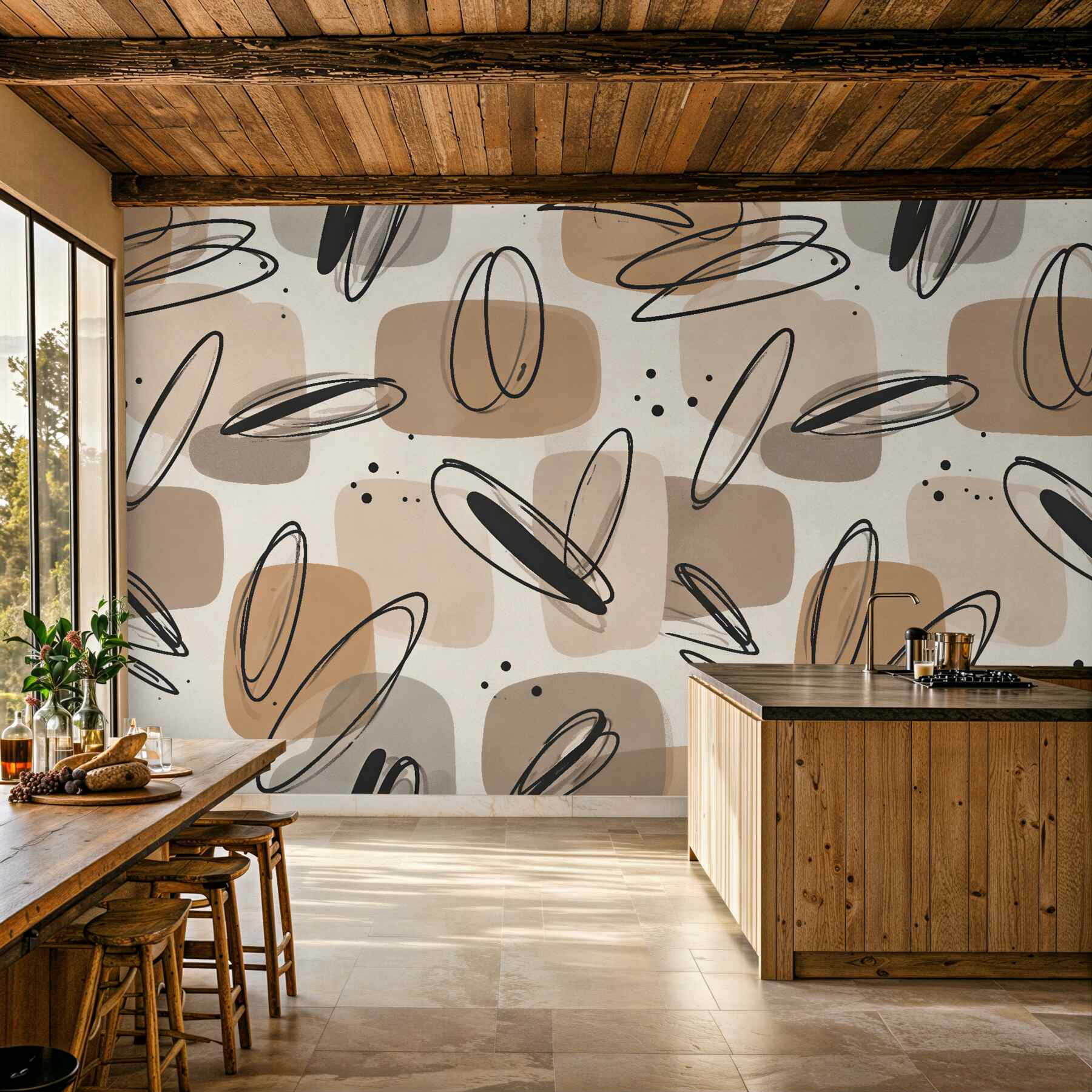 Fototapeten Beige Abstraktion mit geometrischer Linie