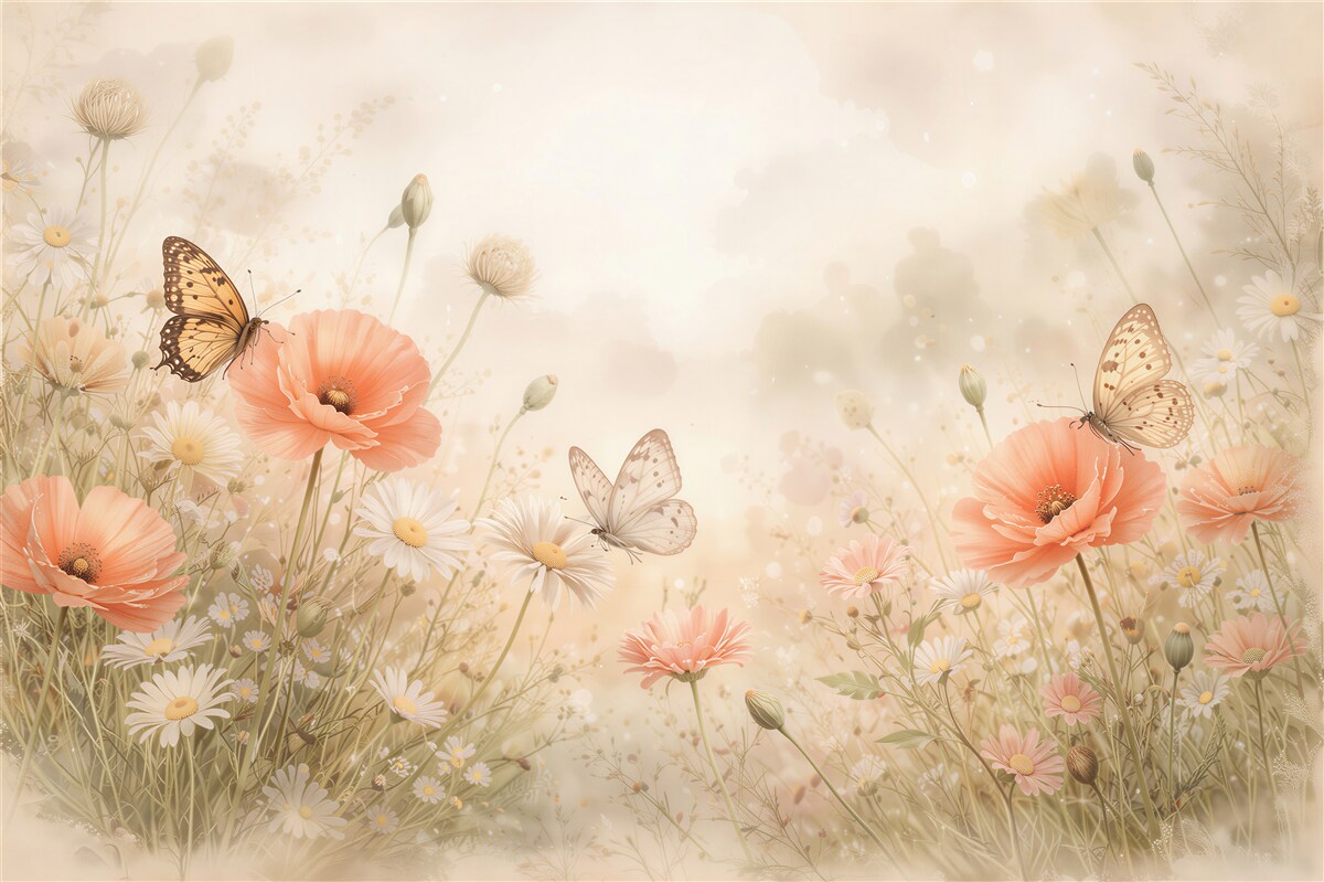 Fototapeten Mohnblumenwiese mit Schmetterlingen