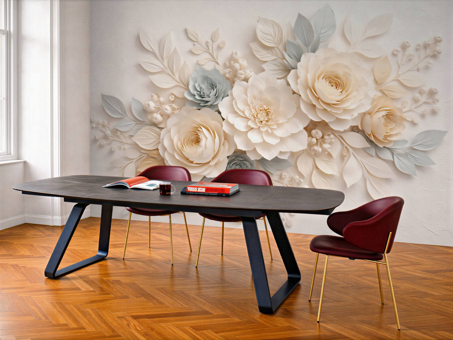 Fototapeten Cremefarbene Blumen im 3D-Stil