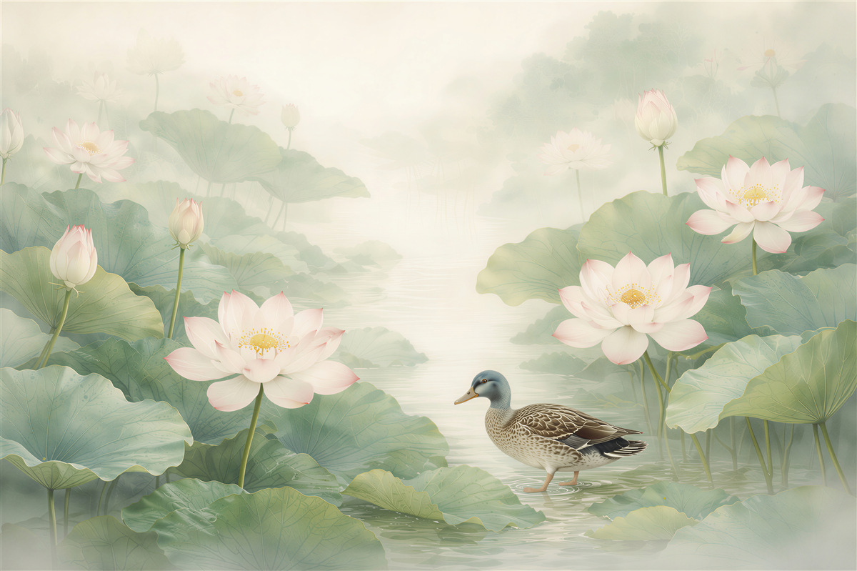 Fototapeten Lotusblumen mit Ente im Morgennebel