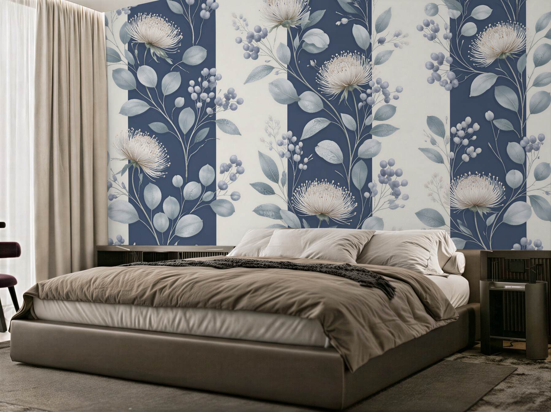 Fototapeten Dunkelblaue Streifen mit Blumenmuster