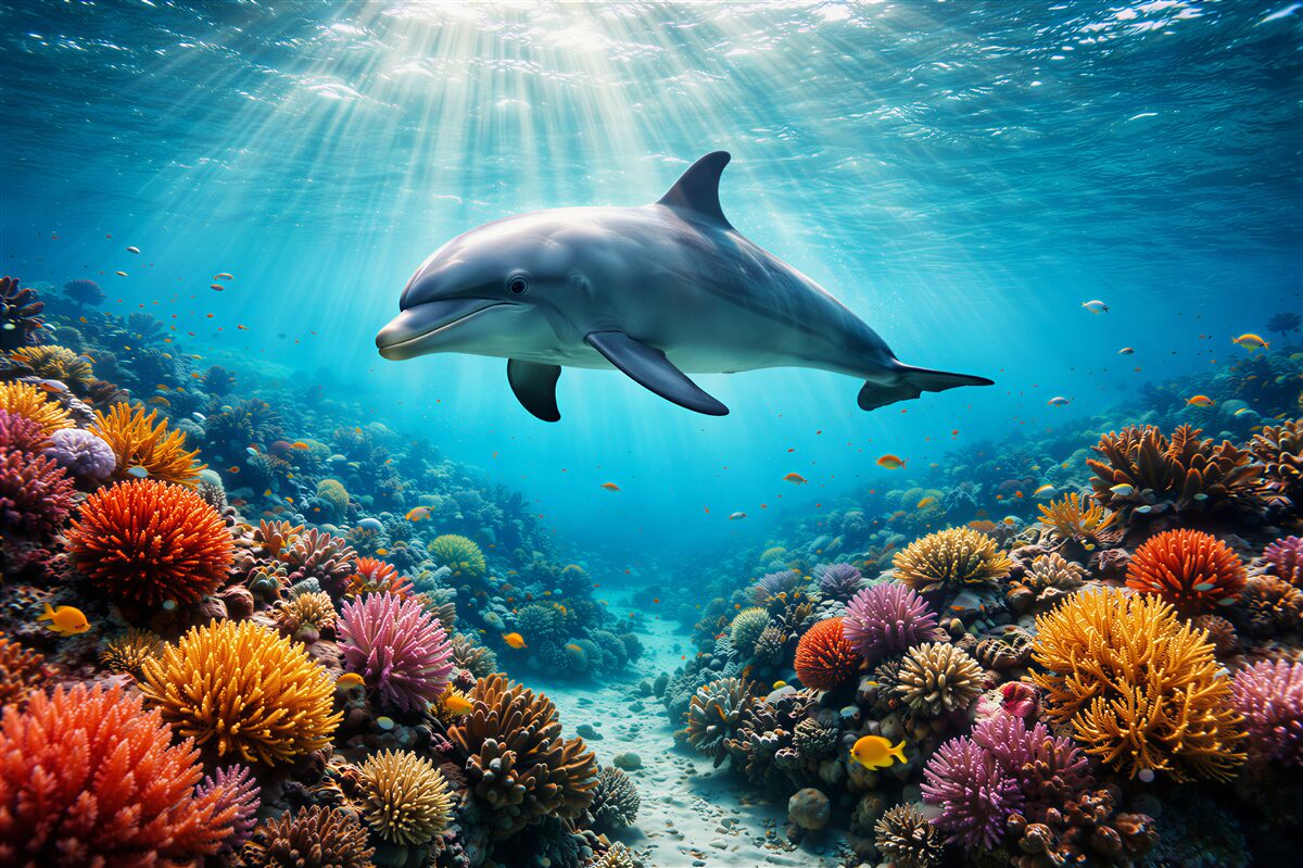Fototapeten Delfin im bunten Riff