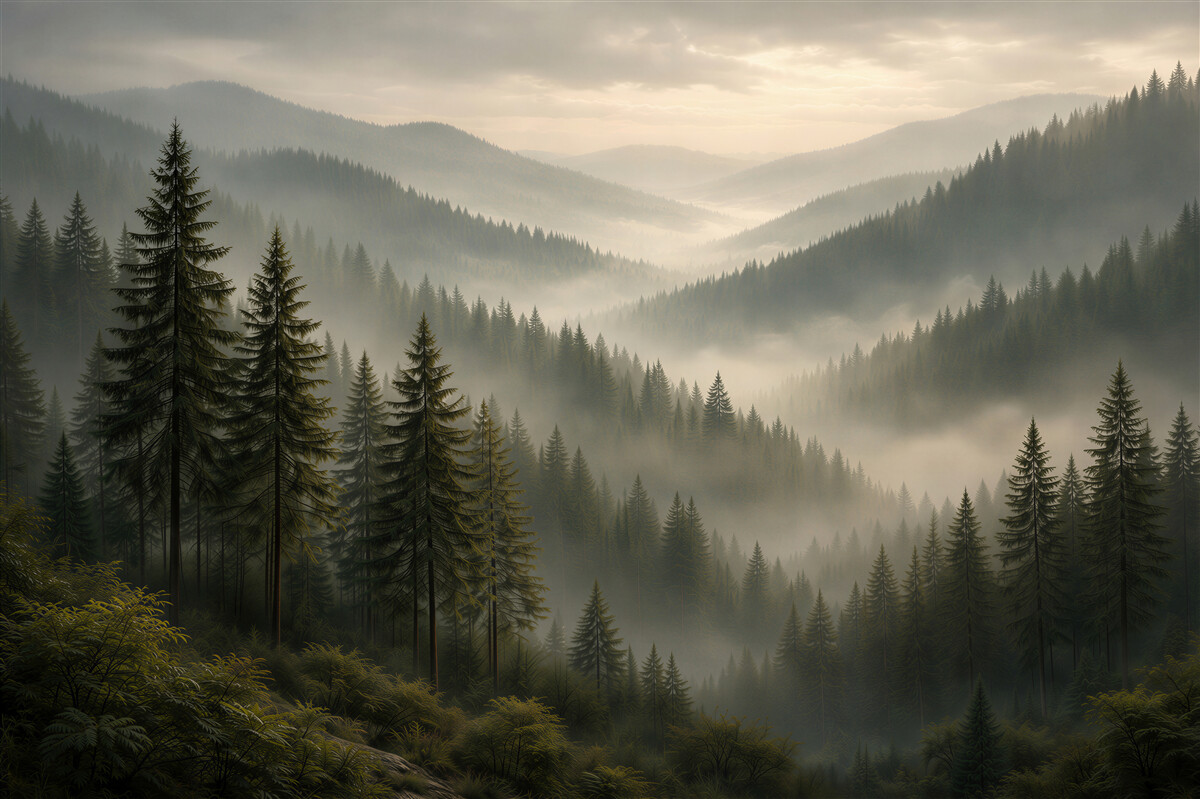 Fototapeten Nebliger Morgengrauen im Bergwald