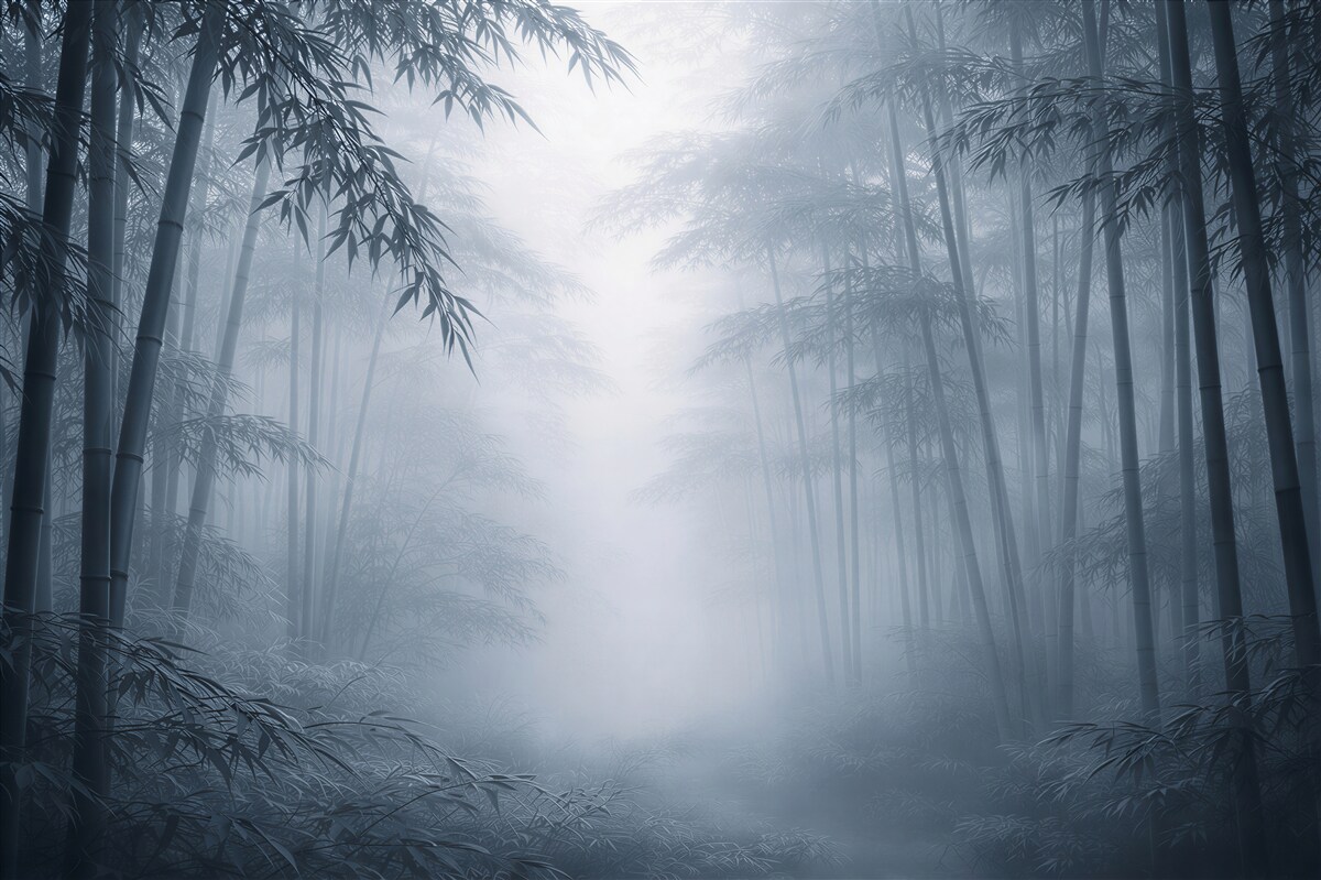Fototapeten Bambuswald im Nebel