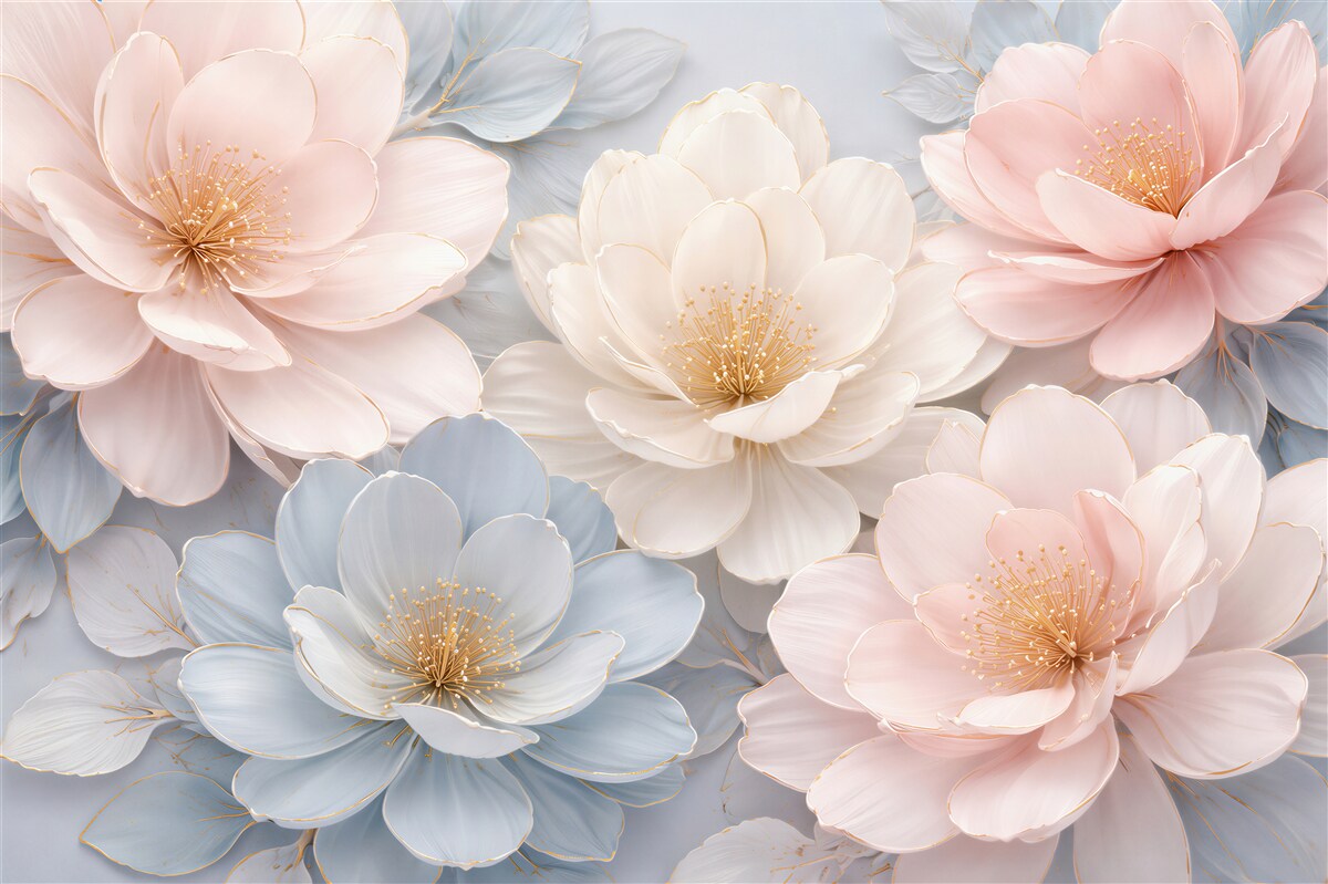 Fototapeten Pastellfarbene Blumen mit goldenem Schimmer