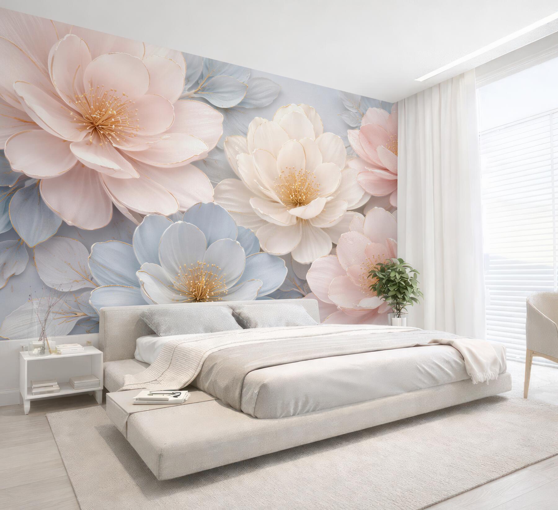 Fototapeten Pastellfarbene Blumen mit goldenem Schimmer