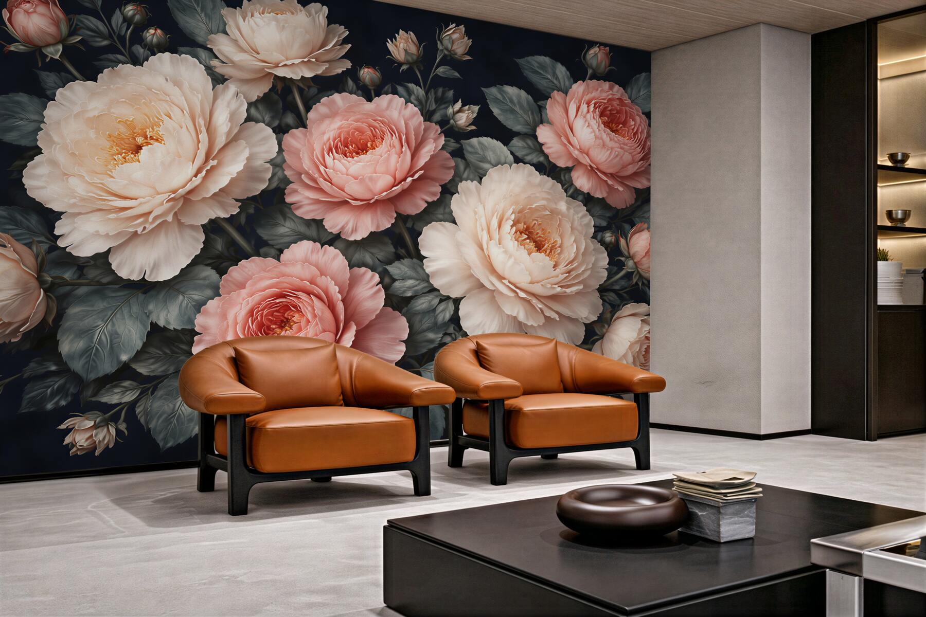 Fototapeten Elegante Pfingstrosen auf dunklem Hintergrund