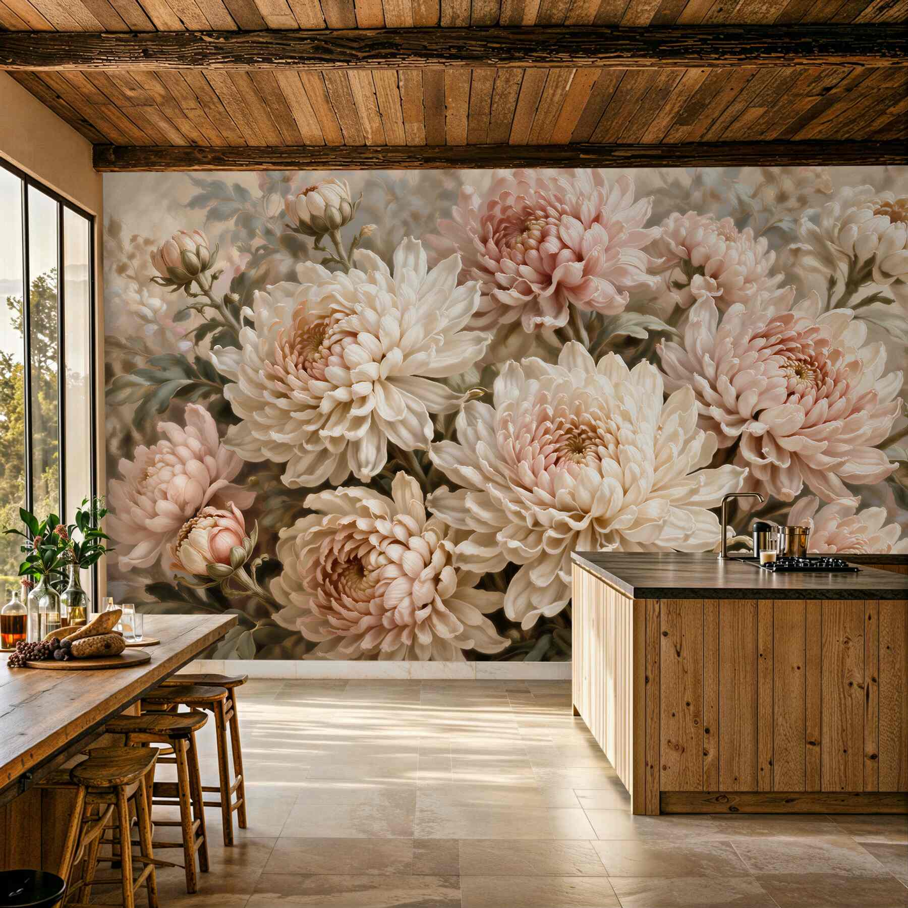 Fototapeten Puderfarbene Chrysanthemen im Glanz
