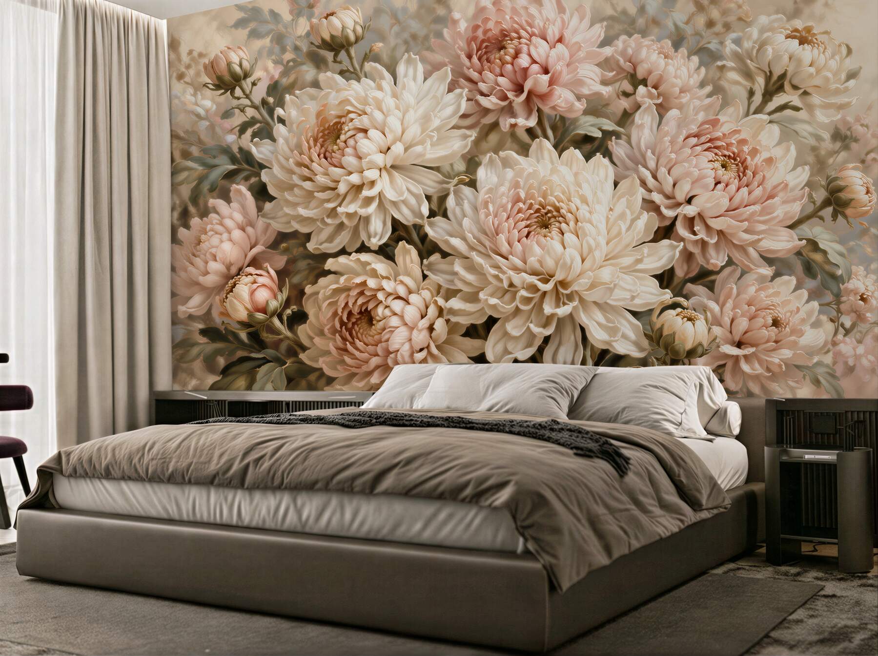 Fototapeten Puderfarbene Chrysanthemen im Glanz