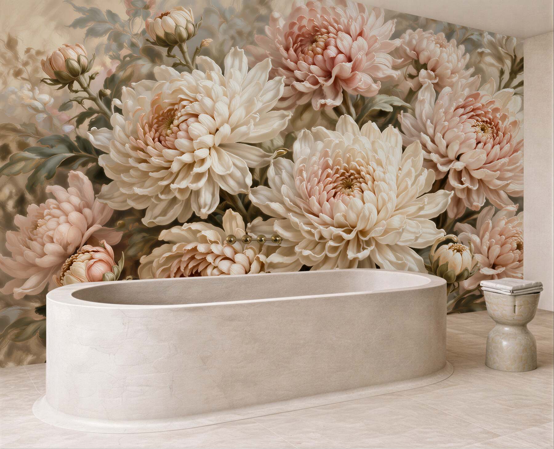 Fototapeten Puderfarbene Chrysanthemen im Glanz