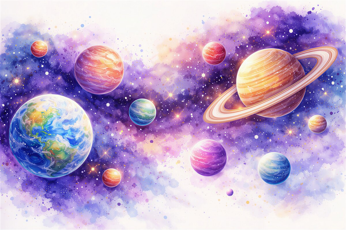 Fototapeten Aquarellplaneten im violetten Kosmos