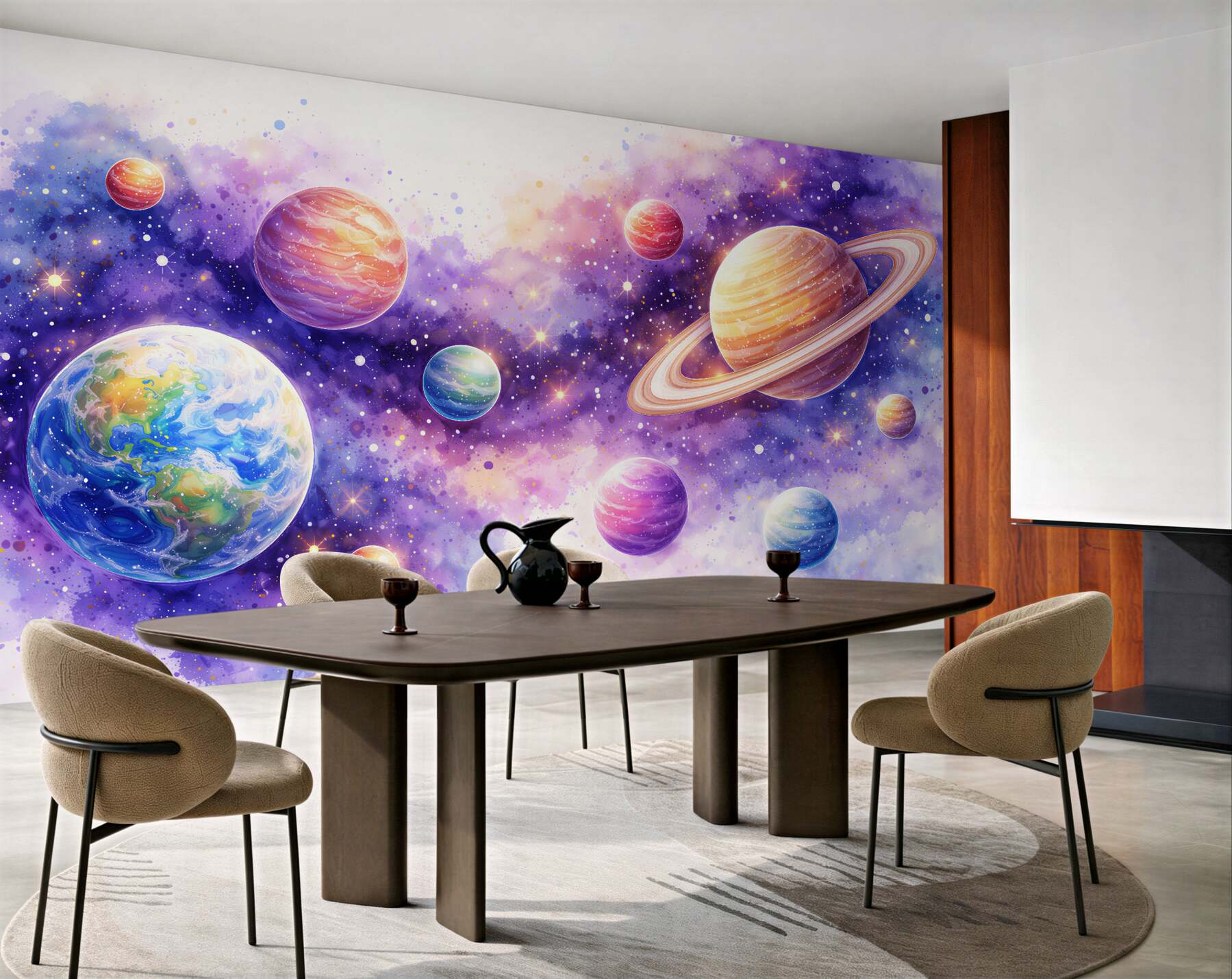 Fototapeten Aquarellplaneten im violetten Kosmos