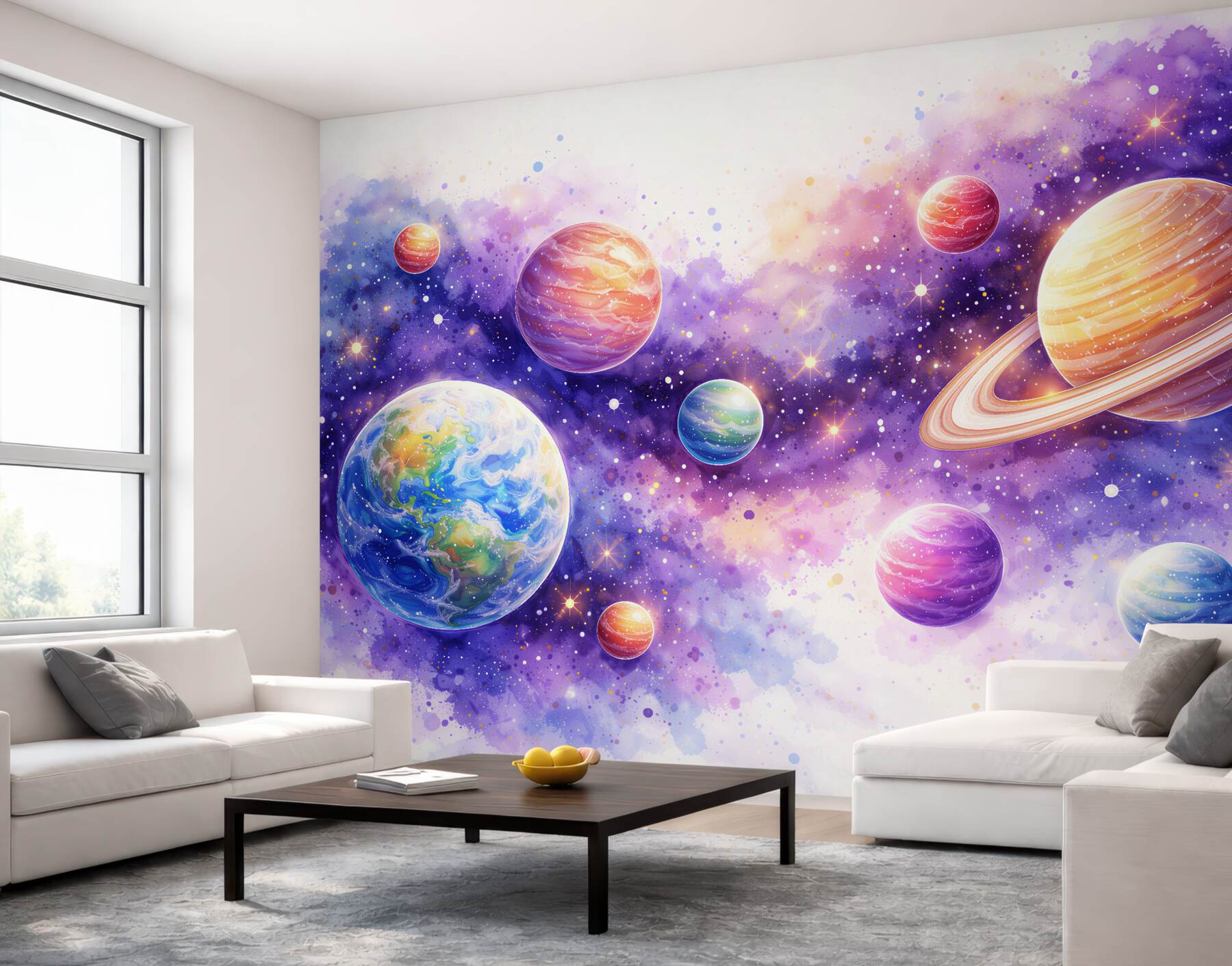 Fototapeten Aquarellplaneten im violetten Kosmos