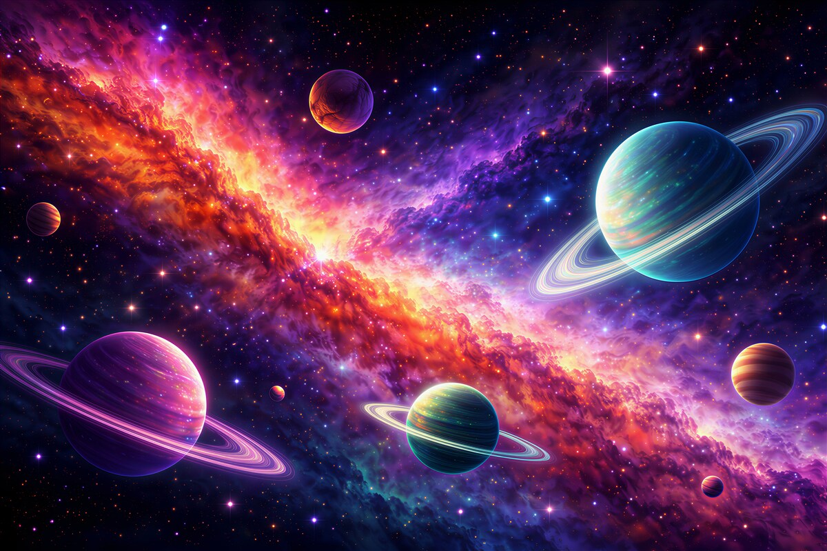 Fototapeten Bunte Planeten in der galaktischen Tiefe