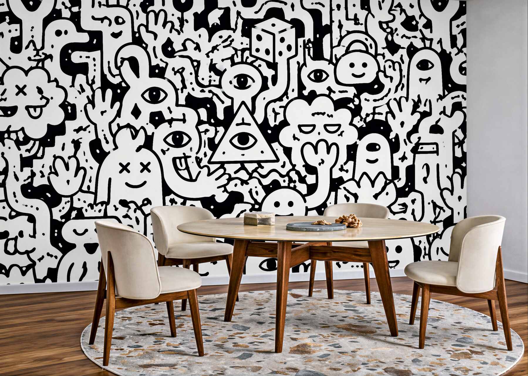 Fototapeten Schwarz-weiße Doodle-Monster