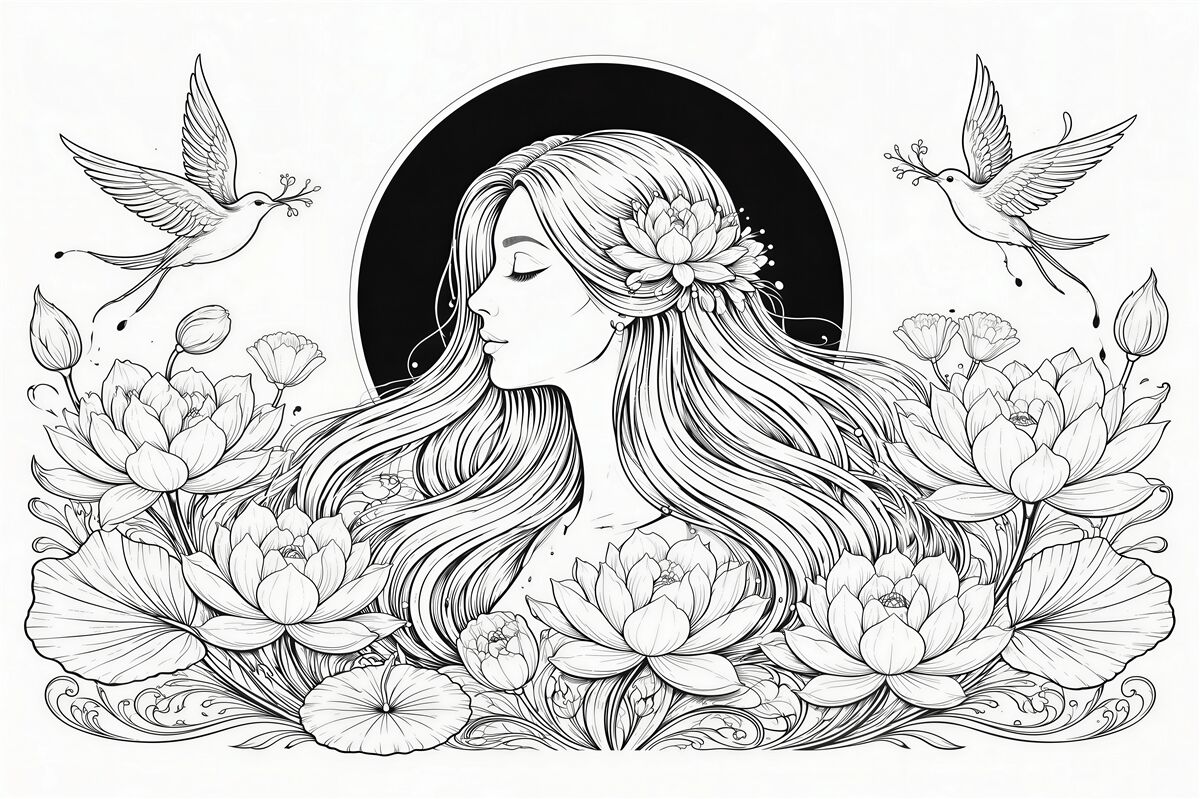 Fototapeten Frau in Blumen und Vögeln
