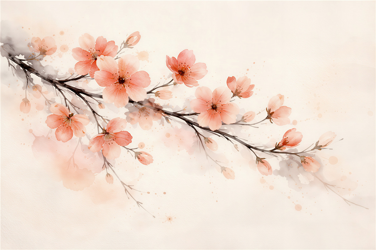 Fototapeten Aquarellzweig der blühenden Kirschblüte