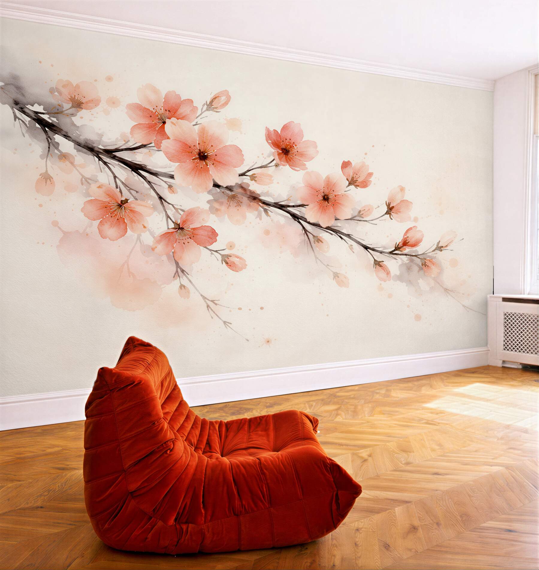 Fototapeten Aquarellzweig der blühenden Kirschblüte