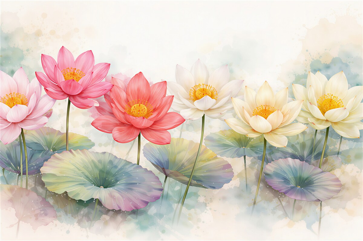 Fototapeten Lotosblüten in pastelliger Aquarellmalerei