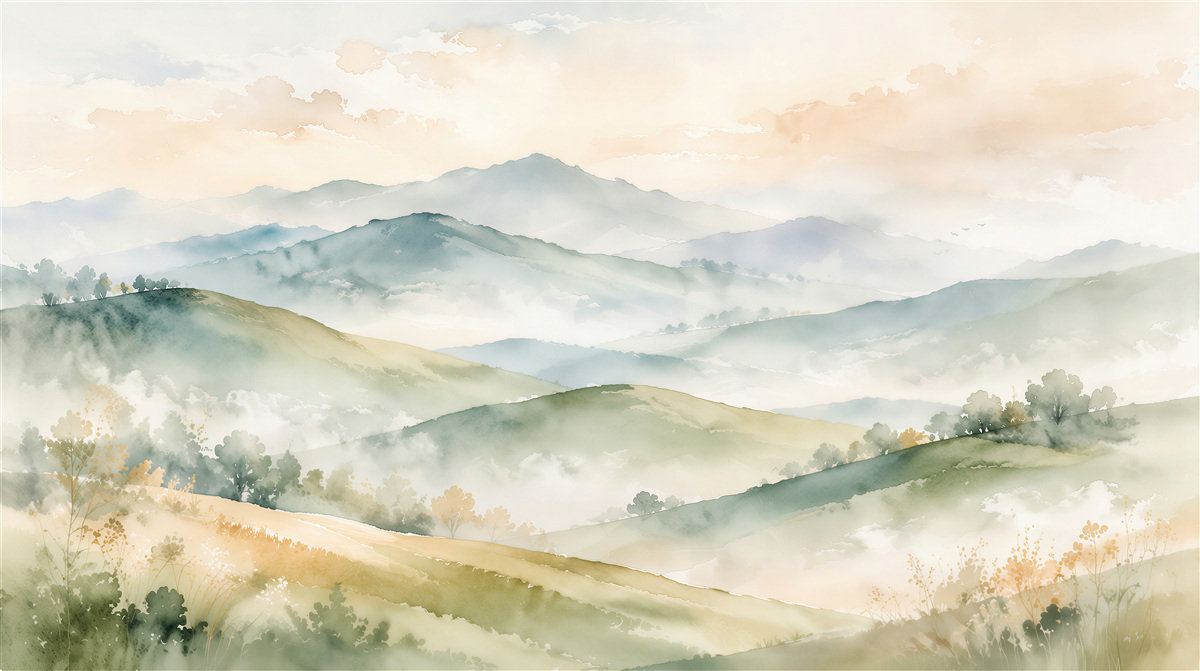 Fototapeten Nebelige Landschaft aus Aquarellhügeln