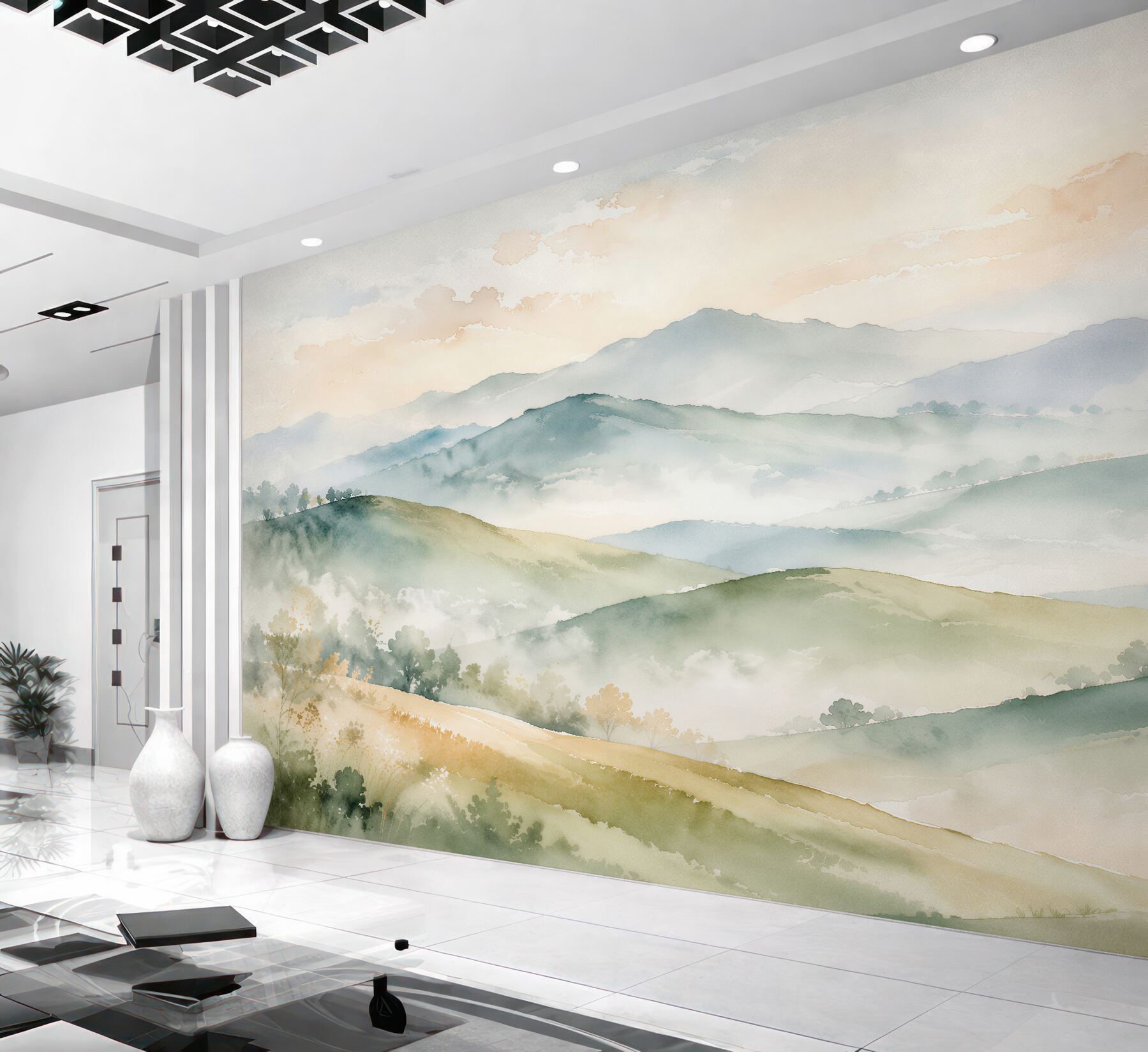 Fototapeten Nebelige Landschaft aus Aquarellhügeln