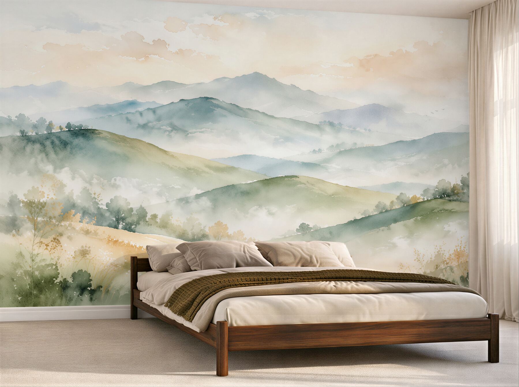 Fototapeten Nebelige Landschaft aus Aquarellhügeln