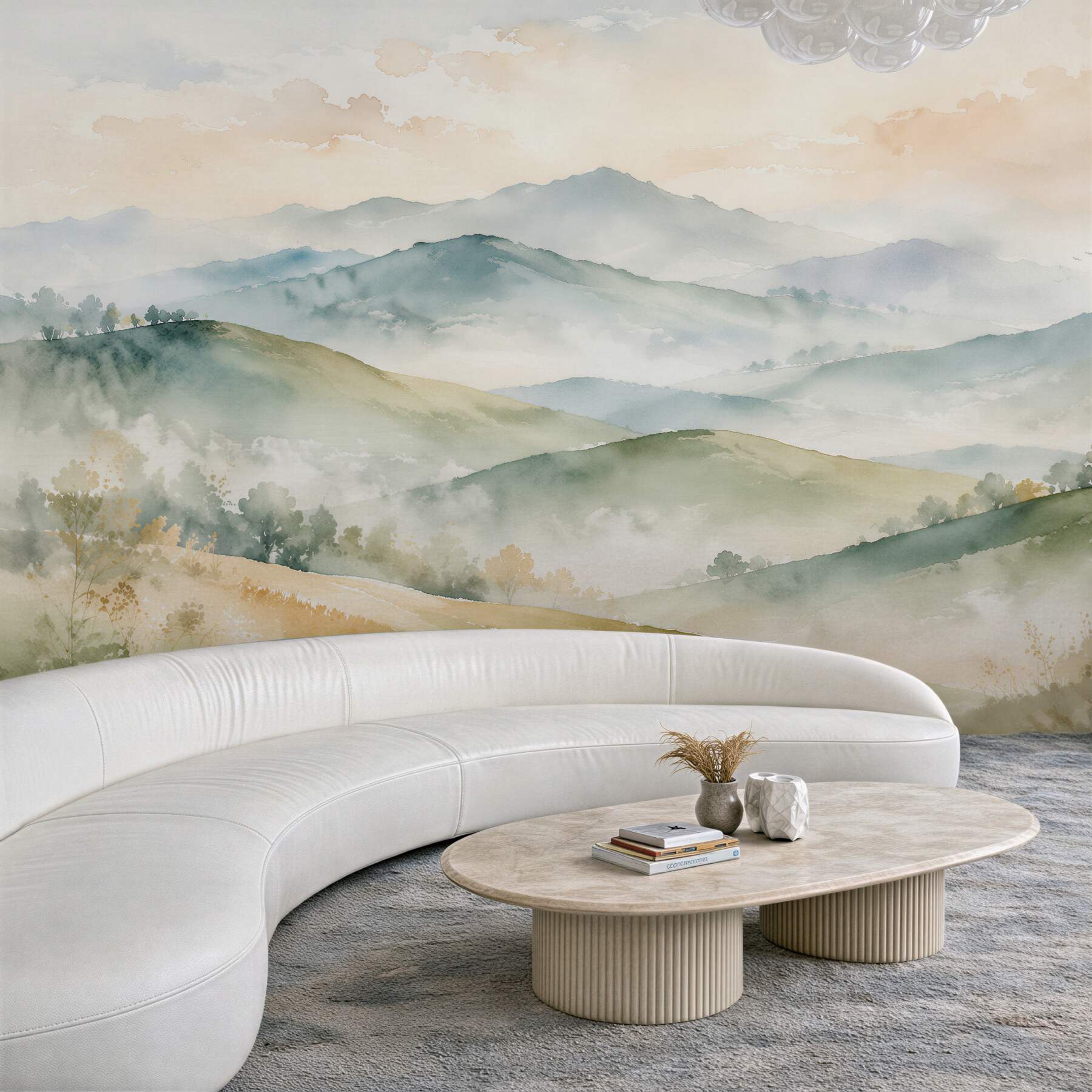 Fototapeten Nebelige Landschaft aus Aquarellhügeln