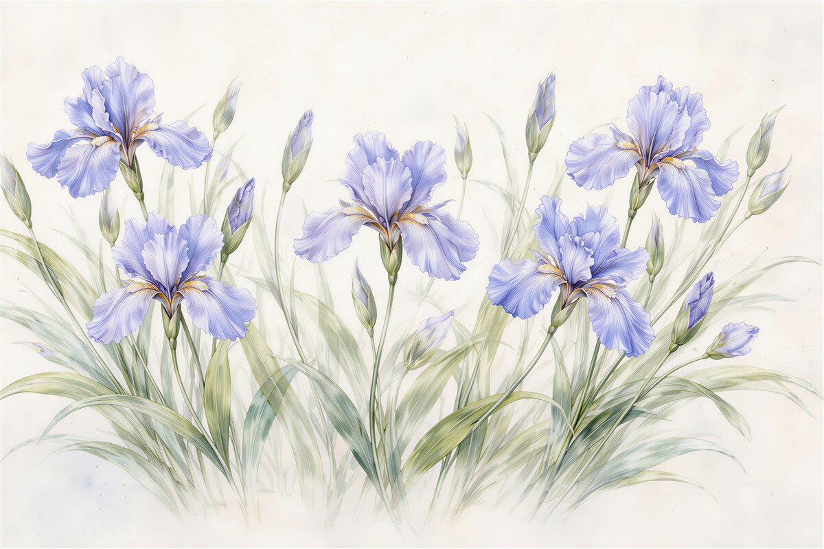 Fototapeten Blaue Iris im zarten Gras